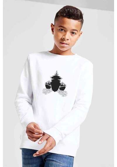 Tshirthane Silhouette Guns And Ships Baskılı Unisex Çocuk Beyaz Sweatshirt