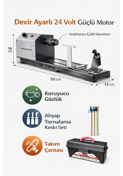 24 Volt Devir Ayarlı Çelik Mandrenli Hobi Torna Makinesi
