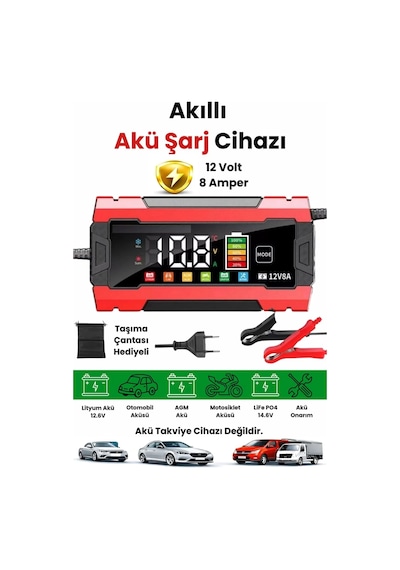 12v 8a Akıllı Akü Şarj Cihazı 12v 8a Lcd Ekranlı Pulse Repair Otomatik Akü Şarj & Desülfatör