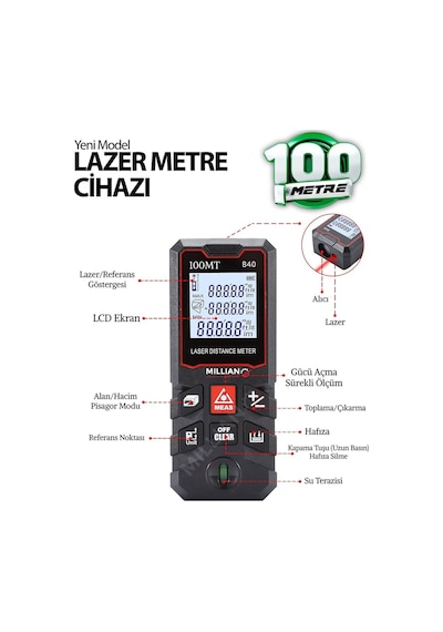 Yüksek Hassasiyet 100 Metre Lazer Metre Ölçer Lcd Dijital Ekran Su Terazili Lazermetre Lazerli