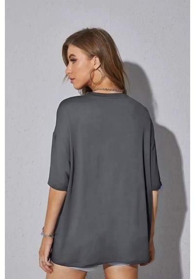 Flood Of Style Kadın Oversize Dökümlü Tok Kumaş Tişört Gri