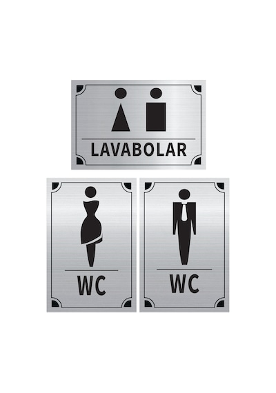 Mayeka Lavabolar - Kadın - Erkek Üçlü Levha Set Gümüş Metal Yönlendirme Tabelası Kişiye Özel