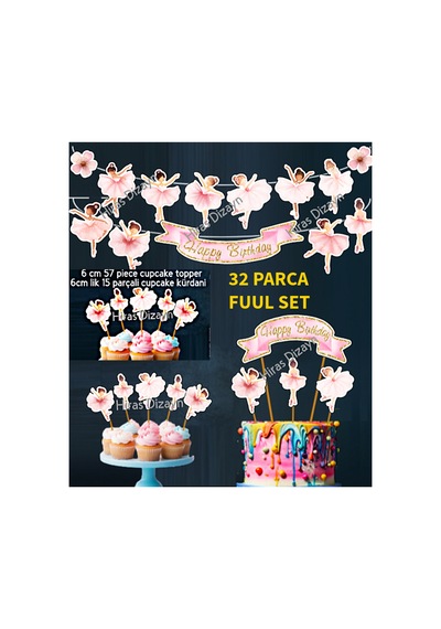 32 Parça Balerin Happy Birthday Parti Balo Banner Pasta Kürdanı Cupcake Doğum Günü Süsü 20
