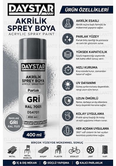 Parlak Gri Akrilik Sprey Boya Ral 7001 400 Ml Hızlı Kuruyan Yüksek Kapatıcılı Metal Ahşap Plastik Bo Çok Renkli Parlak Gri Akrilik Sprey Boya Ral 7001 400 Ml Hızlı Kuruyan Yüksek Kapatıcılı Metal Ahşap Plastik Bo Çok Renkli