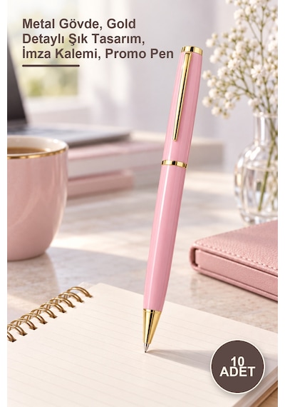 10 Adet Premium Pembe Metal Roller Kalem Metal Gövde, Gold Detaylı Şık Tasarım, İmza Kalemi, Promo Pen 1
