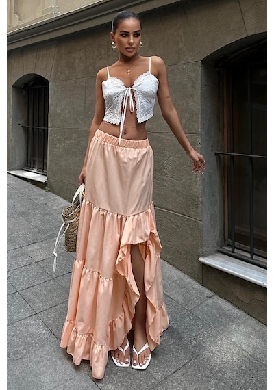Lijuri Audrey Fıfrlı Yırtmaç Detay Etek 4037 R6-ı-k4 Somon