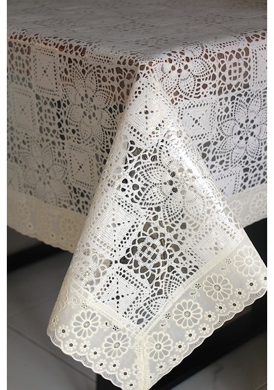 120x150 Cm Dantel Kenar Pvc Muşamba Masa Örtüsü Karemotifdantel-13 Bej