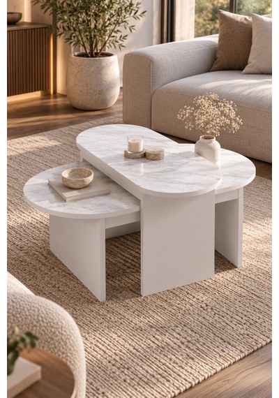 Sulorahome Mermer Desenli Beyaz İkili Orta Sehpa Takımı Beyaz Mermer
