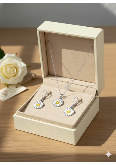 925 Ayar Papatya Silver Yılbaşı Özel Tasarım Papatya Kolye Küpe Set.rose.gold.rodaj Gümüş
