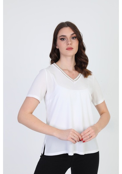Ella Camelia Kadın Yaka İşlemeli Bluz 9E013 Ekru