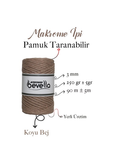 Taranan Makrome Ipi 3mm Taranabilir Pamuk Tek Büküm Makrome Ipi Koyu Bej