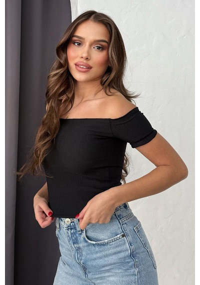 Lesa Wear Soft Touch Kayıkçı Yaka Dekolteli Basic Crop Bluz Siyah
