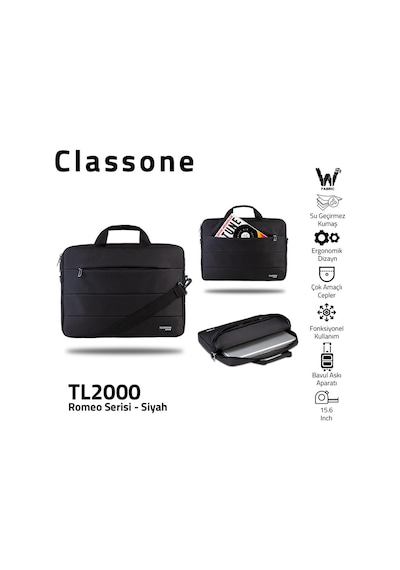 Classone Romeo Serisi TL2000 WTXpro Su Geçirmez Kumaş 15.6" Notebook Laptop El Çantası Siyah