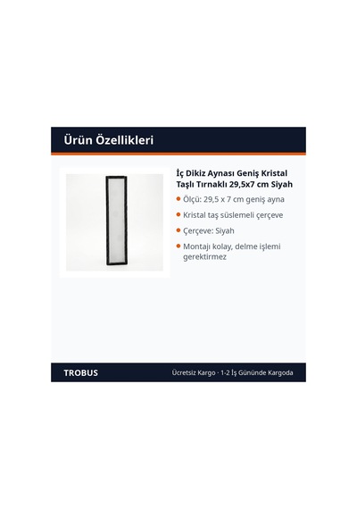 Trobus İç Dikiz Aynası Geniş Kristal Taşlı Tırnaklı 29,5x7 Cm Siyah