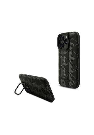 Apple Uyumlu iPhone 16 Pro Max Kılıf Lacoste Lisanslı M-safeli Standlı Pu Karışık Monogram Desenli Kapak Siyah Siyah
