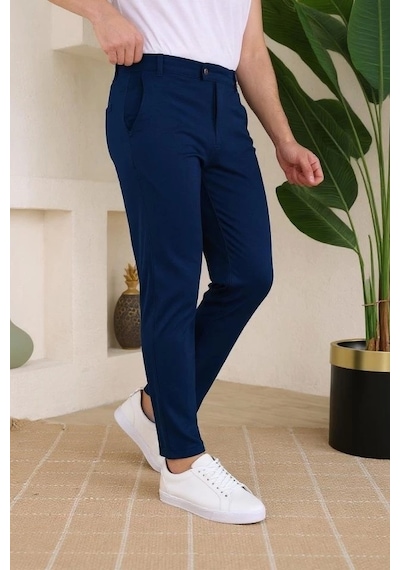 Defymoda Erkek Slim Fit Likralı Bilek Boy Dilli Kumaş Pantolon Lacivert