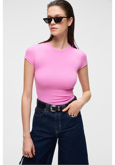Grimelange HOPEWELL Kadın Yuvarlak Yaka Örme Slim Fit Pembe T-Shirt