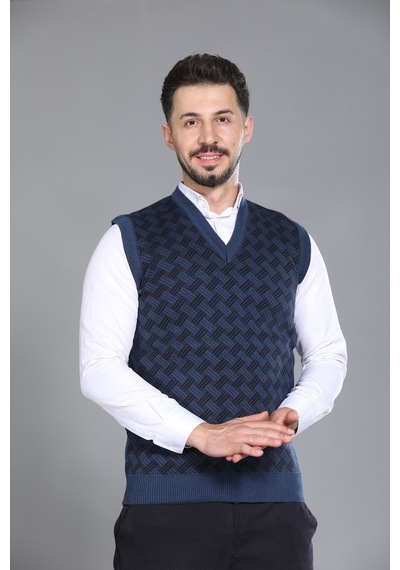 Kzc Tekstil Erkek Baba Ve Orta Yaş Desenli Akrilik Kalın Dokulu V Yaka Triko Süveter Mavi