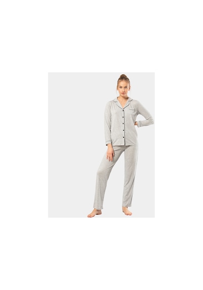 Türen Düz Uzun Kollu Gömlek Yaka Pijama Takım 3365/gri 001
