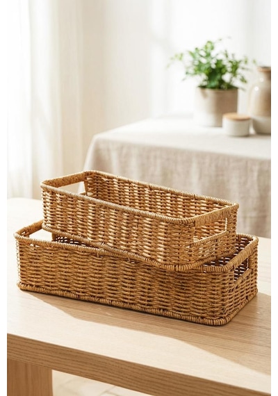 Digithome 2'li Dikdörtgen Hasır Rattan Organizer Sepet - Bb6073 Turuncu