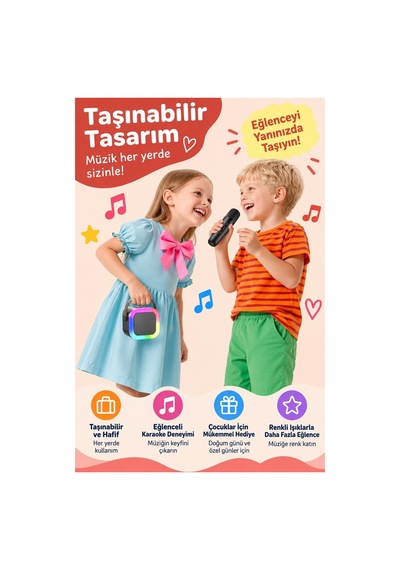 Robeve Blic 2 Mikrofonlu Çocuk Karaoke Hoparlör Ve Bluetooth Hoparlör Led Işıklı Mini Karaoke Seti, 6 Farklı Ses Efekti, Uzun Pil Ömrü, Taşınabilir Çocuk Mikrofonu Ve Çocuk Müzik Aleti Siyah