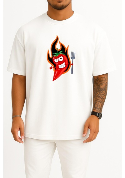Bahriyeli Collection Oversize Kırmızı Acı Biber Logosu Göğüs Tasarımlı Unisex T-shirt Beyaz