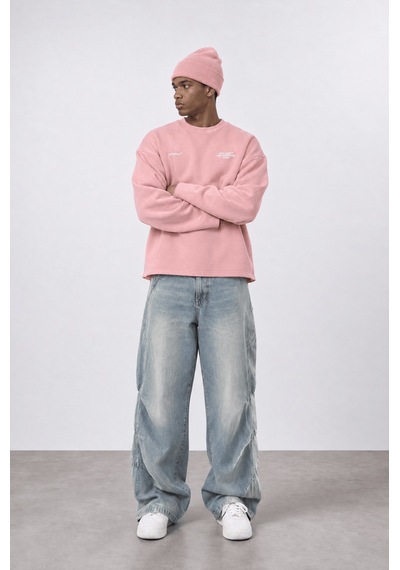 Respire Erkek Cake Baskılı Pis Dikiş Detaylı Oversize Sweatshirt Pembe