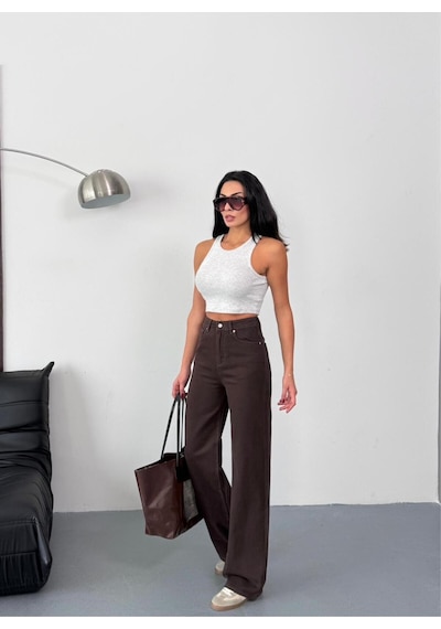 Kadın Kahverengi Wide-leg Jean Yüksek Bel Geniş Paça Kot Pantolon Kahverengi