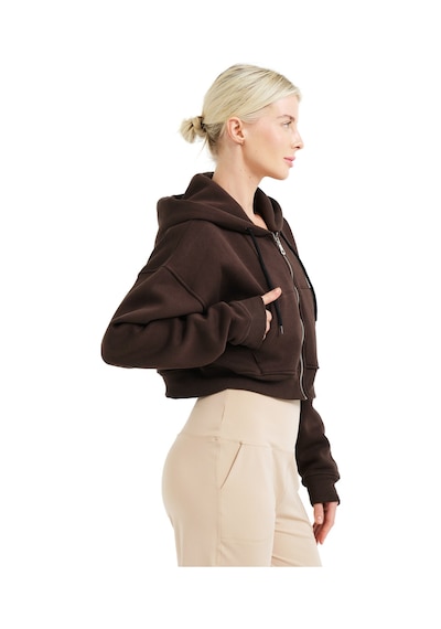 Justever Crop Kapüşonlu Fermuarlı Kanguru Cepli Şardonlu Hoodie Acı Kahve Kadın Sweatshirt - Lumen Acı Kahve Acı Kahverengi