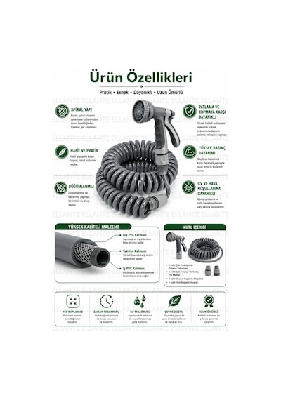 15 Metre Spiral Bahçe Hortumu Seti Çok Fonksiyonlu Sulama Tabancalı Patlama Ve Kopmaya Dayanıklı