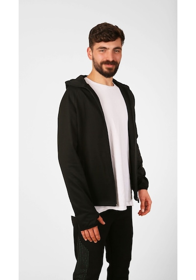 Nature The Brand Şardonlu Dalgıç Fermuarlı Dik Yaka Kapüşonlu Sweatshirt/ceket Siyah
