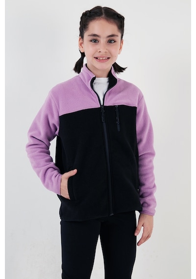 Lela Yumuşak Dokulu Fermuarlı Renk Bloklu Dik Yaka Cepli Hırka Unisex Çocuk Polar 5905001 Lila-Siyah