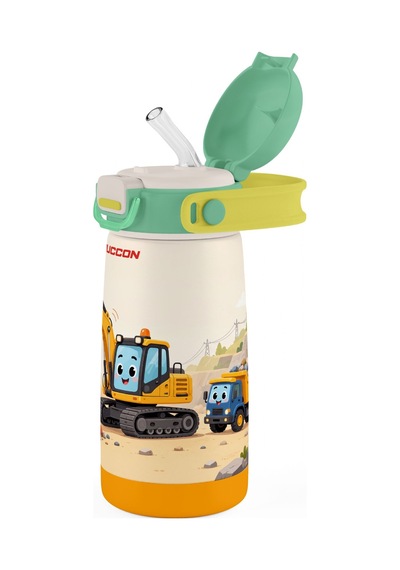 Puccon Erkek Çocuk Yeşil Sarı İş Makinesi Desenli 420 Ml Pipetli Çelik Matara Termos Sızdırma Yapmaz 60040 Çok Renkli