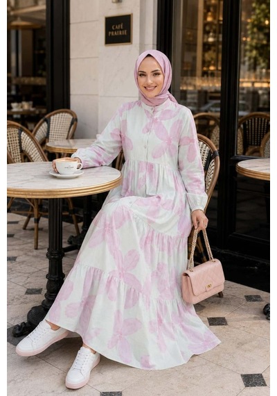 Hb Harma Time Butik Kadın Düğmeli Modal Desenl Pembe Elbise Ekru Ekru