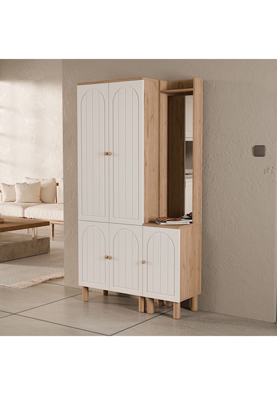 Set 5084-5088 Rapsody Sağ Aynalı 5 Kapaklı Membran 5 Askılı Bohem Portmanto Sepet-beyaz Beyaz - Meşe