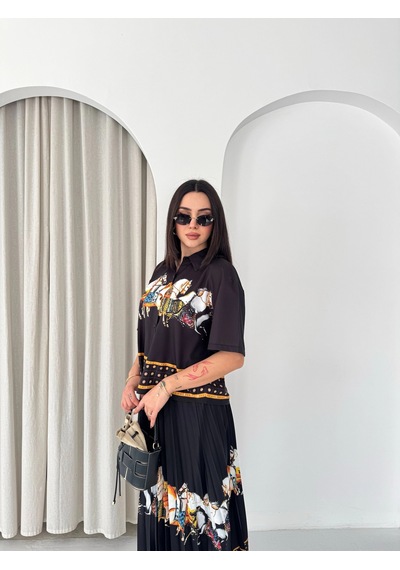 Asprinfashion Plise Etekli Baskılı Bayan Gömlek Etek Takım Siyah