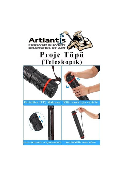 Artlantis Proje Tüpü Siyah Dar 1 Adet Teleskopik Bozuka Proje Tüpü İki Kademeli Teknik Çizim Çantası