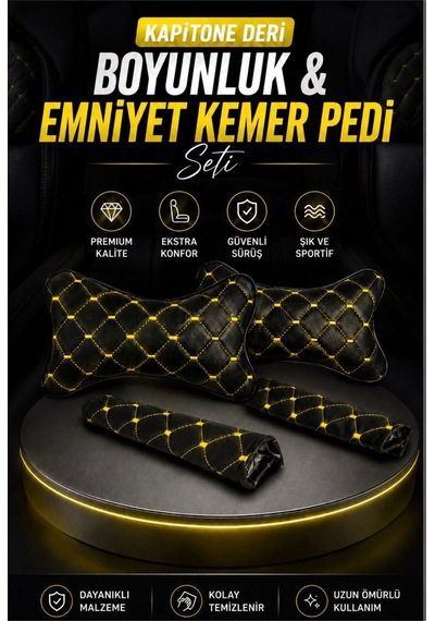 Her Araca Uyumlu Oto Yastık - Emniyet Kemer Pedi Seti Siyah-sarı