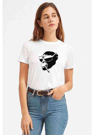 Tiryaki Şempanze Baskılı Beyaz Kadın Tshirt