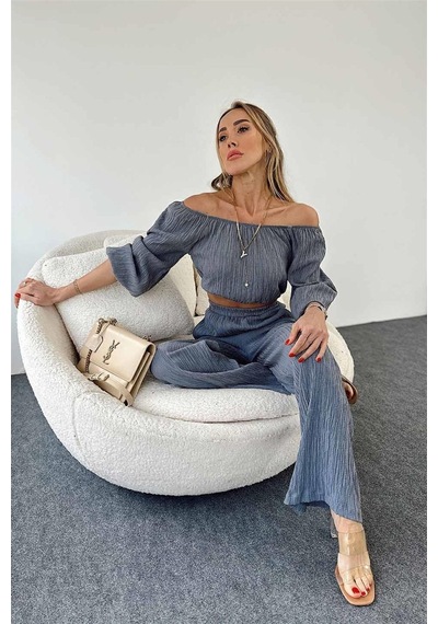 Fashion Cocktail Düşük Omuz Yazlık Lastikli Bohem Sahil Pantolon Krop Göbek Açık Kadın Takım Gri