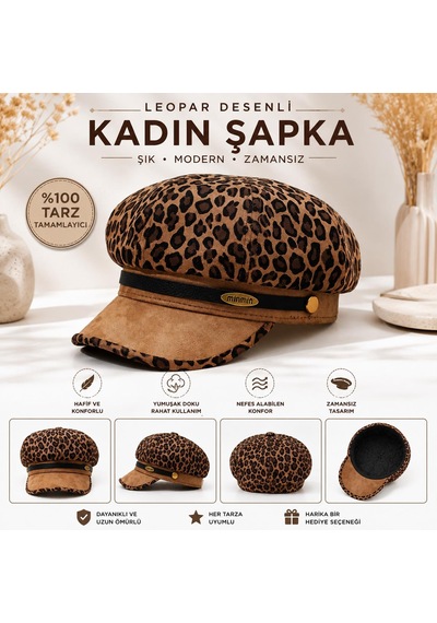Valkyrie Kadın Leopar Desenli Denizci Şapkası Newsboy Kasket Baker Boy Şapka Vintage Retro Sonbahar Kış Şapkası Kahverengi