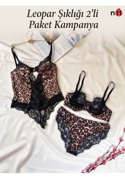 Leopar Tül Dantel Tanga Bodysuit Ve Leopar Dantel Detaylı Sütyen Takımı