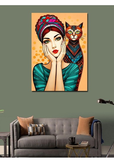Kanvas Tablo Desenli Kadın Ve Kedi 70cmx100cm