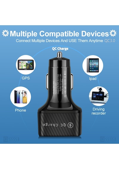 Bk-360 6'sı 1 Arada Qc3.0 + 3.1a Usb Işıldayan Araç Şarj Cihazı Siyah