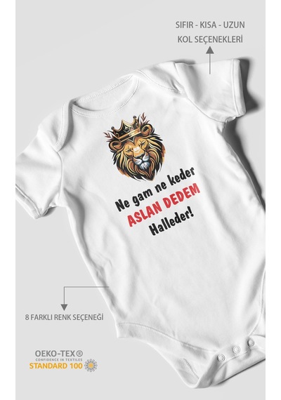 Ne Gam Ne Keder Aslan Dedem Halleder Baskılı Bebek Zıbını Çıtçıtlı Body %100 Pamuk Kısa Kol Beyaz