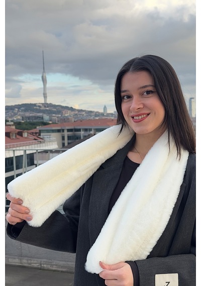 Mollycrush Peluş Yumuşak Soft Atkı Kışlık Suni Kürklü Beyaz Kadın Atkısı Beyaz