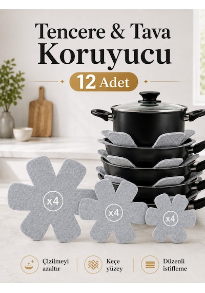 Beylini 12'li Tencere Tava Koruyucu Set 3 Boy Borcam Çizdirmezi Tabak Koruyucu Elyaflı Çizdirmez Nihale Tencere Tava Tabak Arası Ayırıcı Mutfak Düzenleyici