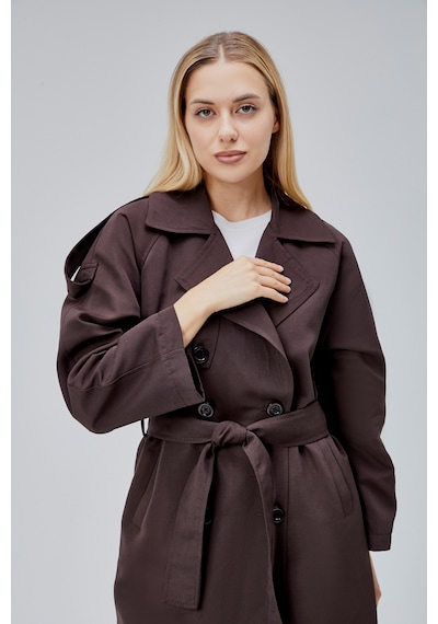Acı Kahve Oversize Astarlı Uzun Trençkot Kahverengi