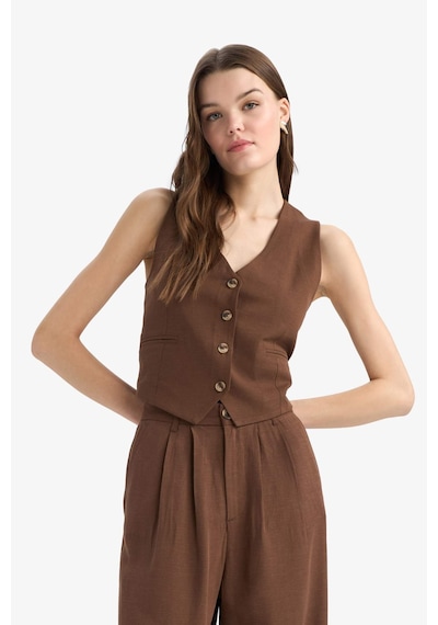 DeFacto V Yaka Keten Karışımlı Blazer Yelek E6209AX25SPBN254 Kahve