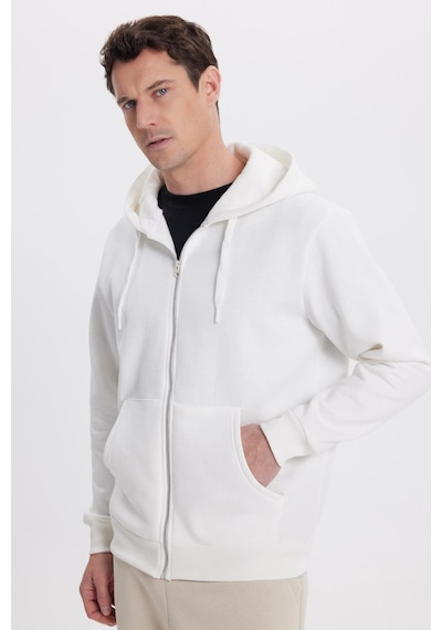 Tudors Unisex Relax Fit Rahat Kesim Pamuklu İçi Polarlı Çift Cepli Tam Fermuarlı Beyaz Kapüşonlu Sweatshirt-41646 Beyaz